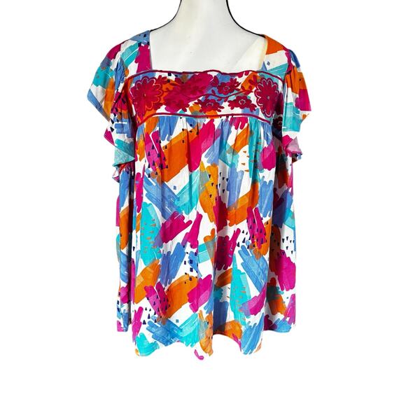 Savannah Jane Blouse Womens Size 2X Embroidered Peasant Top Watercolor Plus Top - Picture 1 of 9